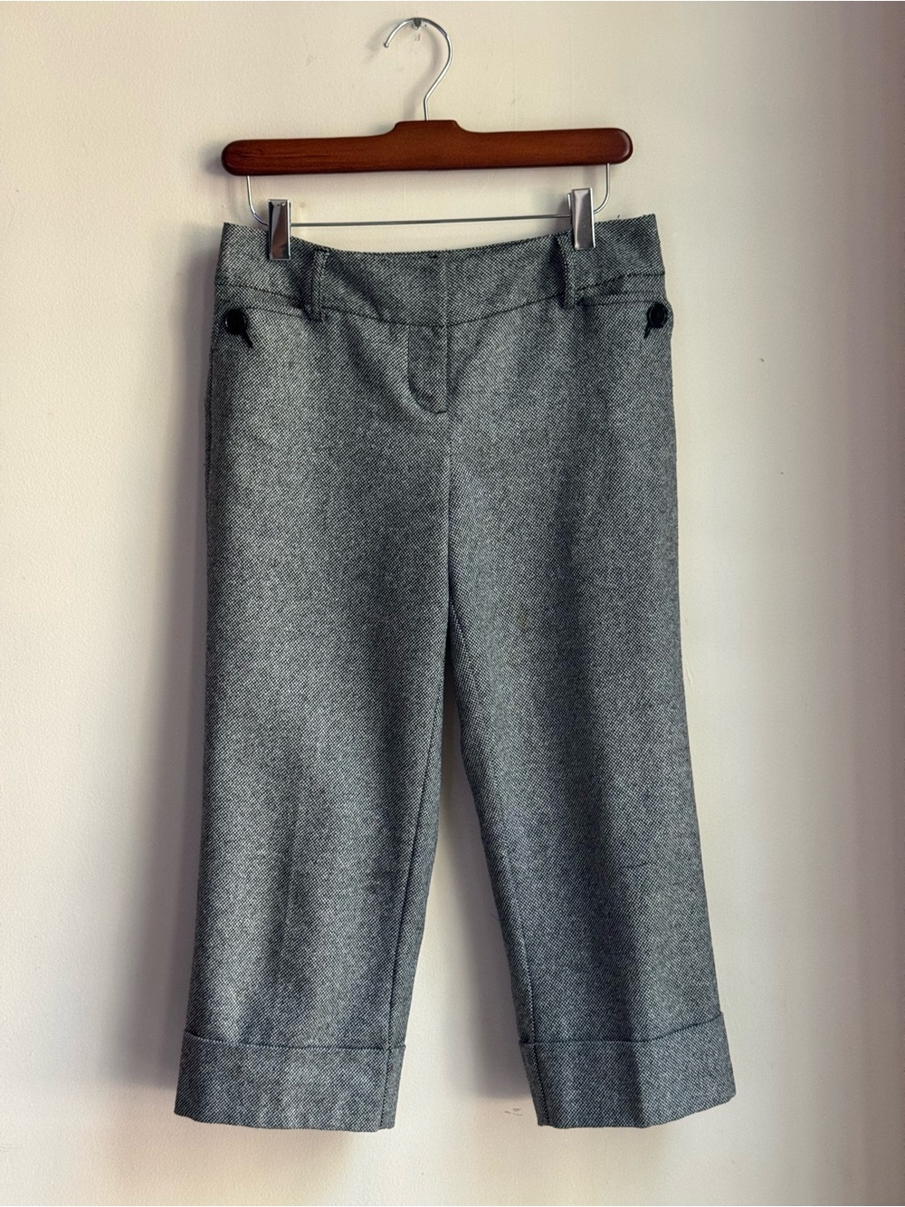 Ann Taylor LOFT Women’s Gray Herringbone Tweed Cuffed Capri Lined Pockets Zip
